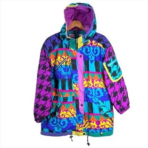 VTG 80s 90s Obermeyer Coat 8 Mixed Print Retro Purple Multicolor Ski Snowboard